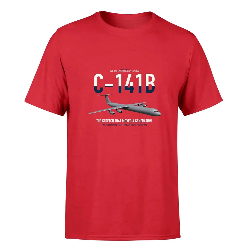 C-141B Starlifter design on red double-side t-shirt, single-side print