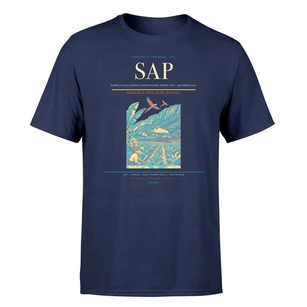 Ramón Villeda Morales International Airport (SAP) T-Shirt single-side front print in Navy Blue | ramón-villeda-morales-international-airport-sap-double-side-t-shirt