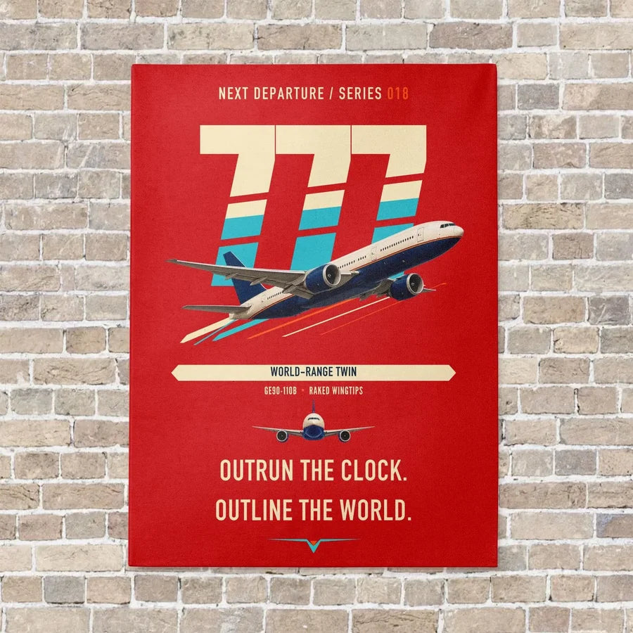 Boeing 777-200LR vertical canvas print - no frame - red background