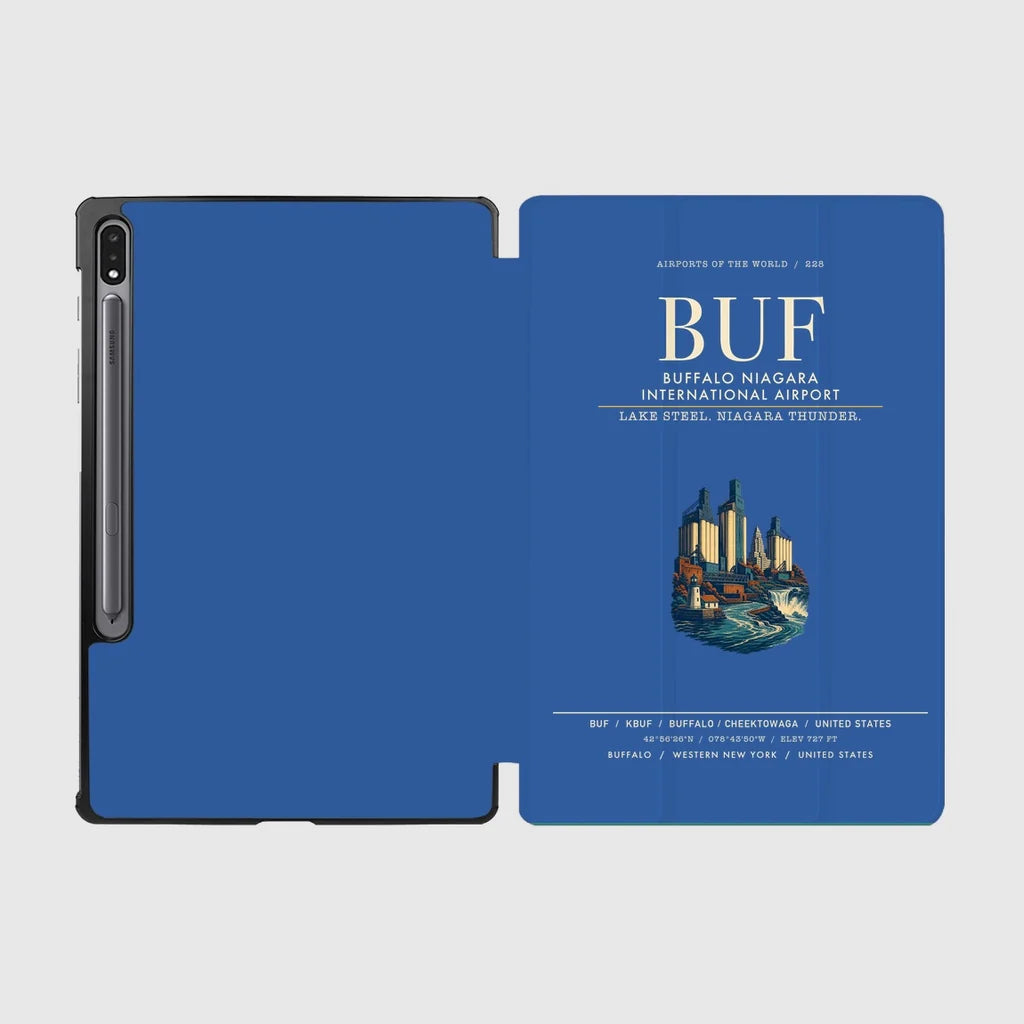 Buffalo Niagara International Airport (BUF) design on blue samsung tablet tablet case