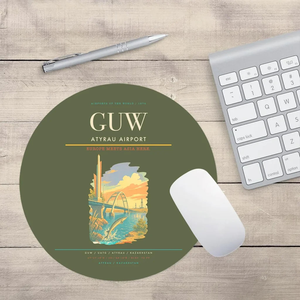 Atyrau Airport (GUW) design on green army round mouse pad