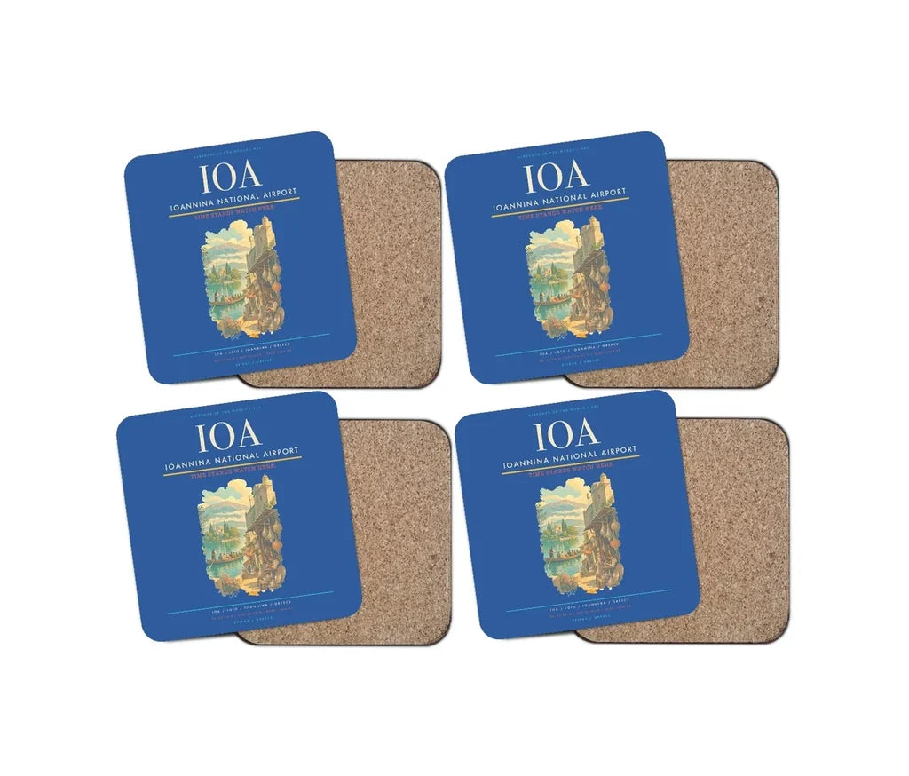 Ioannina National Airport (IOA) design on blue 4 pieces set coaster