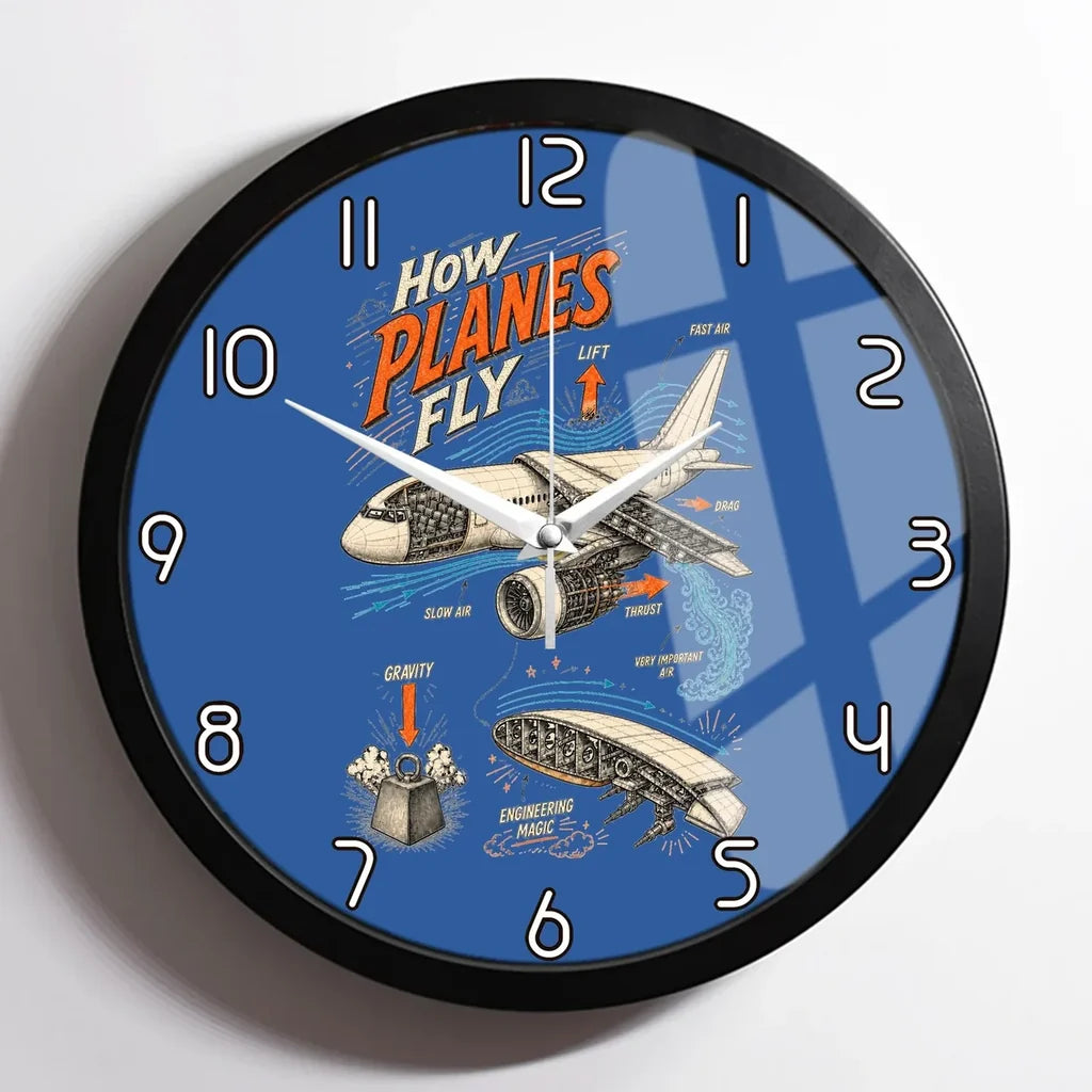How Planes Fly V2 design on blue framed wall clock