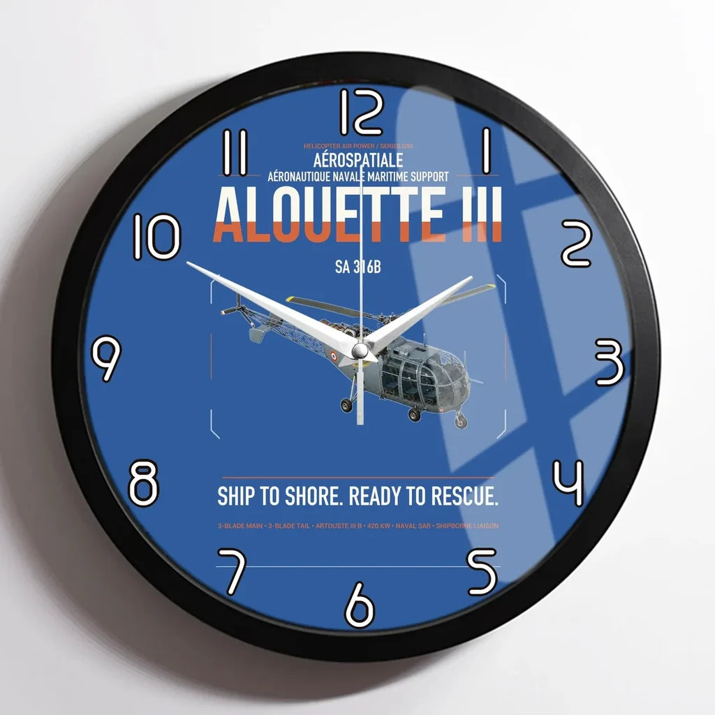 Aérospatiale SA 316B Alouette III design on blue framed wall clock