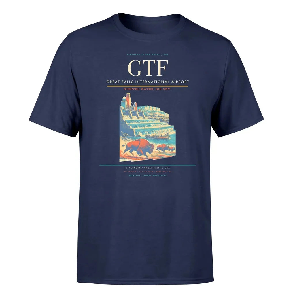 Great Falls International Airport (GTF) T-Shirt single-side front print in Navy Blue | great-falls-international-airport-gtf-double-side-t-shirt