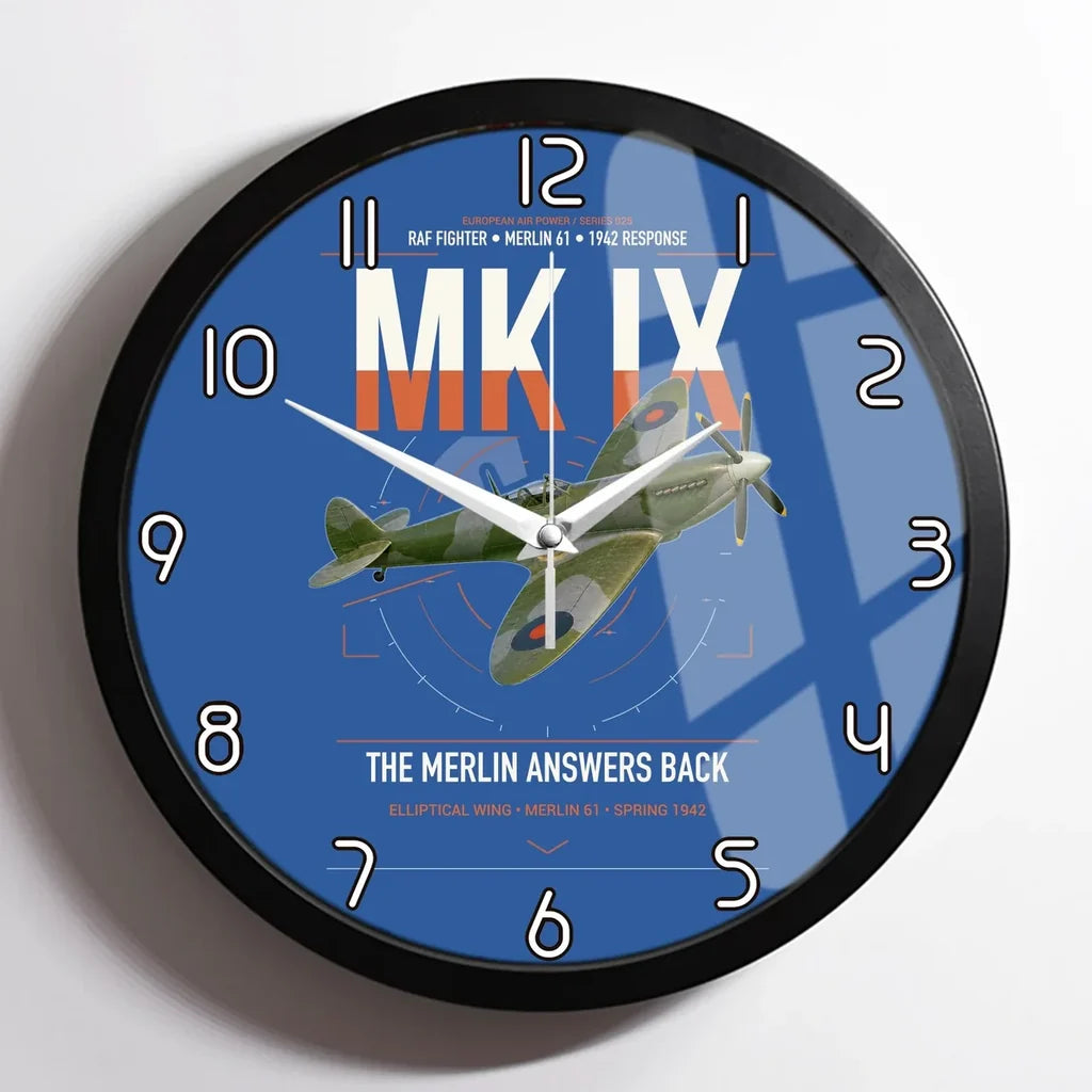 Supermarine Spitfire Mk IX design on blue framed wall clock