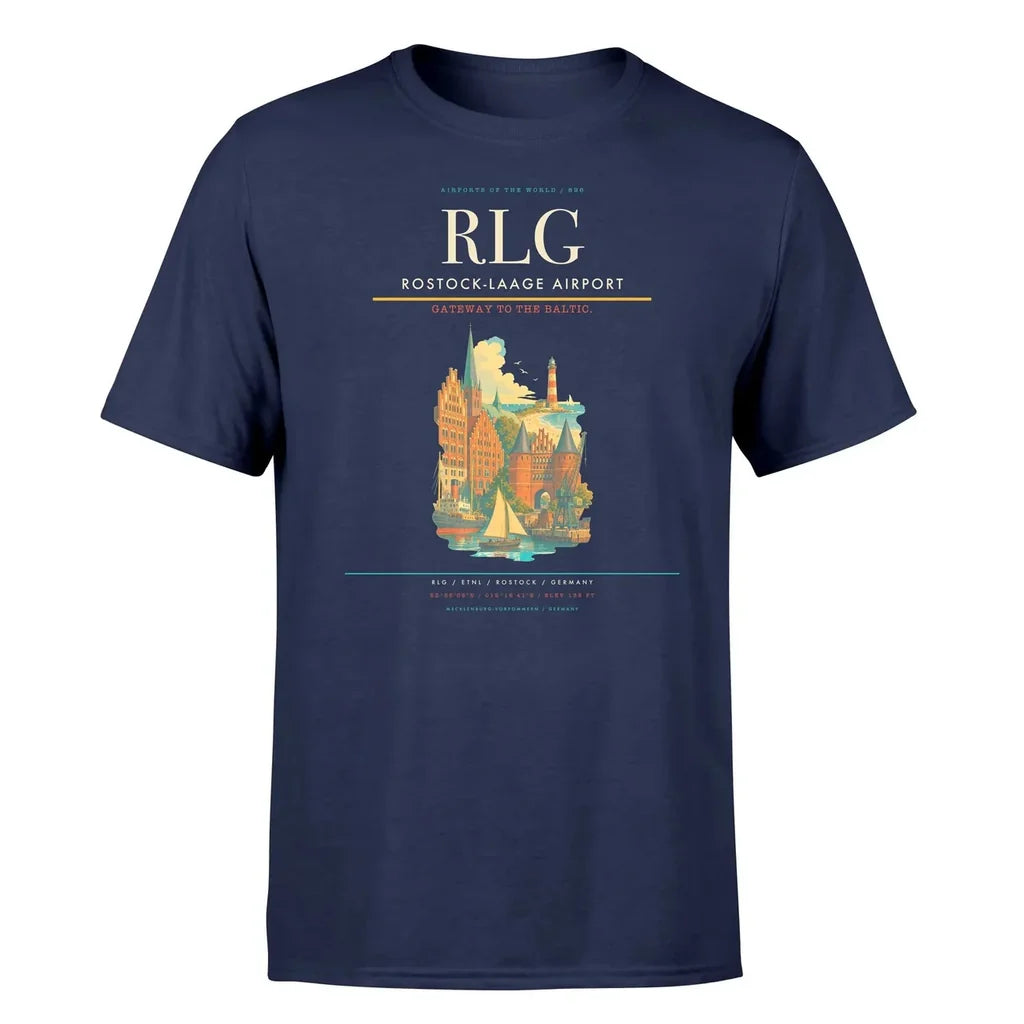 Rostock-Laage Airport (RLG) T-Shirt single-side front print in Navy Blue | rostock-laage-airport-rlg-double-side-t-shirt