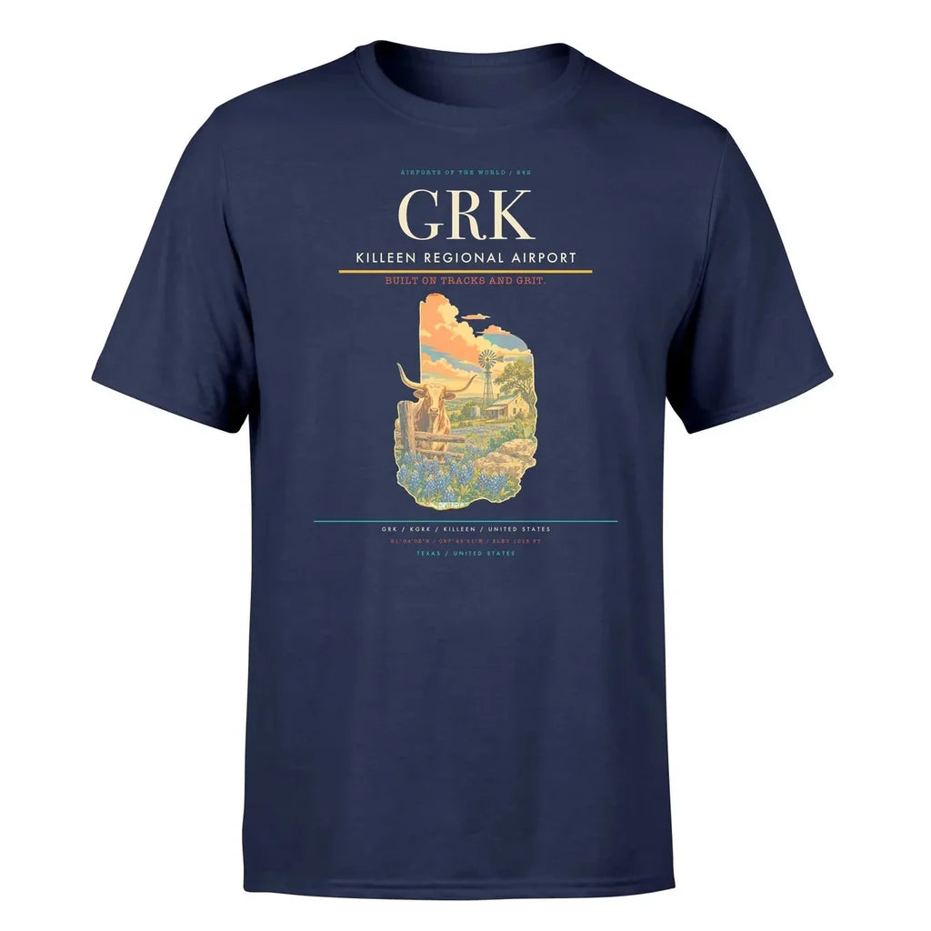 Killeen Regional Airport (GRK) T-Shirt single-side front print in Navy Blue | killeen-regional-airport-grk-double-side-t-shirt