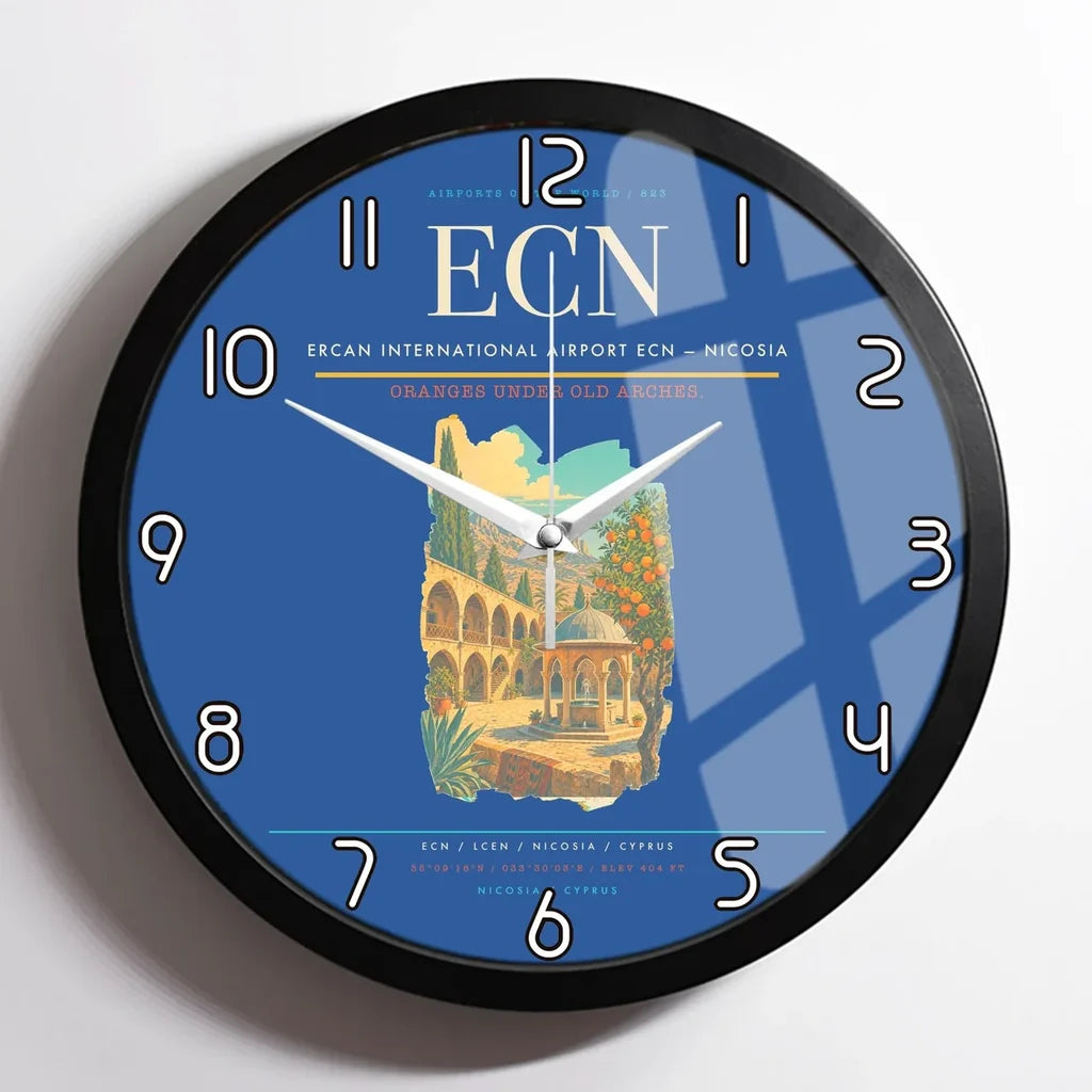 Ercan International Airport (ECN) design on blue framed wall clock