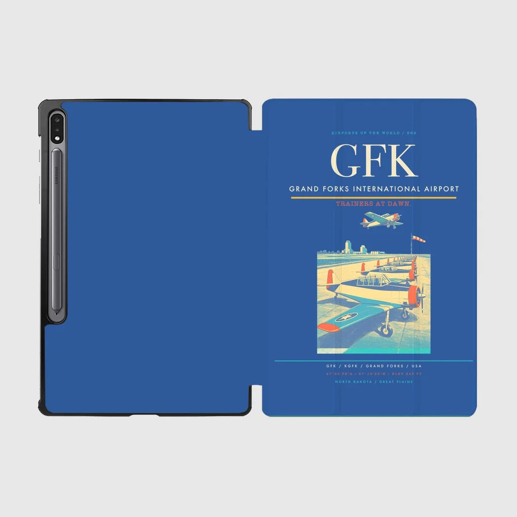 Grand Forks International Airport (GFK) design on blue samsung tablet tablet case