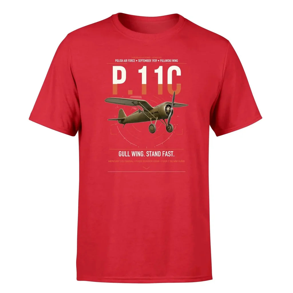 PZL P.11c design on red t-shirt, single-side print