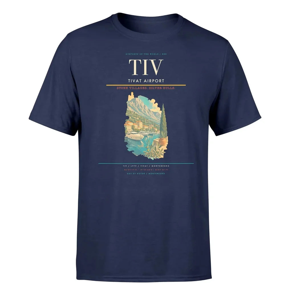 Tivat Airport (TIV) T-Shirt single-side front print in Navy Blue | tivat-airport-tiv-double-side-t-shirt