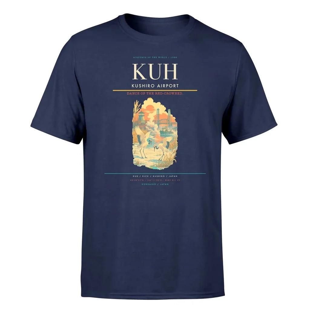 Kushiro Airport (KUH) T-Shirt single-side front print in Navy Blue | kushiro-airport-kuh-double-side-t-shirt