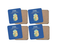 Thumbnail for Mykonos Island Airport (JMK) design on blue 4 pieces set coaster