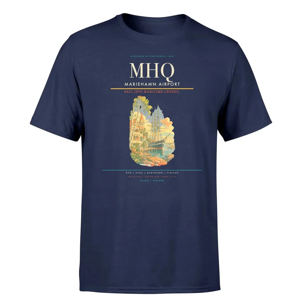 Mariehamn Airport (MHQ) T-Shirt single-side front print in Navy Blue | mariehamn-airport-mhq-double-side-t-shirt