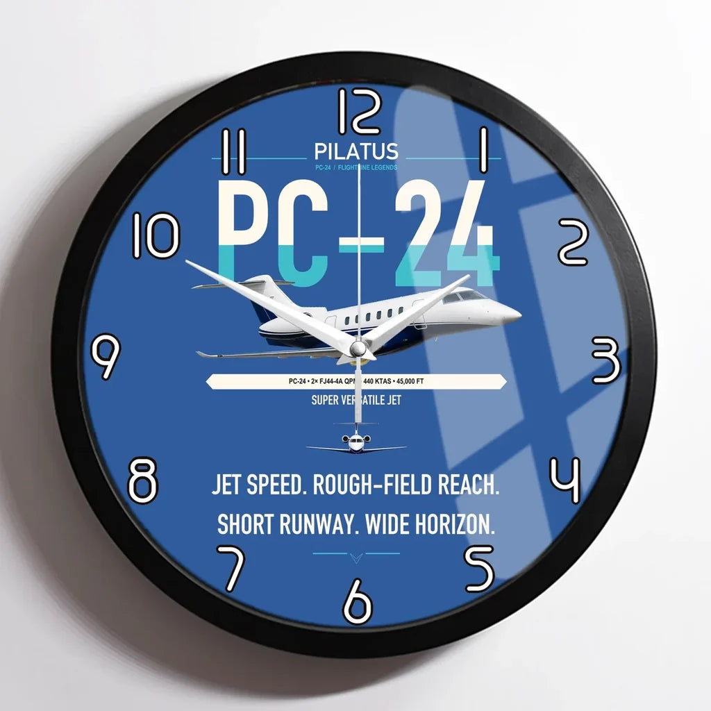 Pilatus PC-24 design on blue framed wall clock