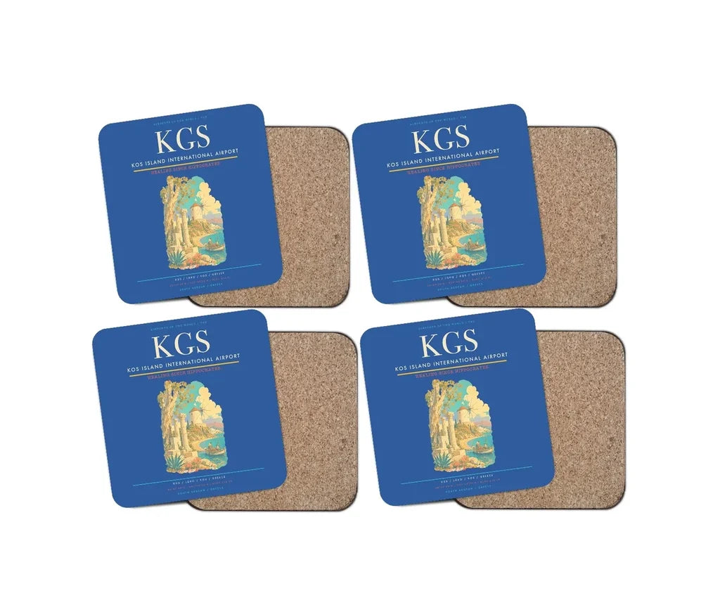 Kos Island International Airport (KGS) design on blue 4 pieces set coaster
