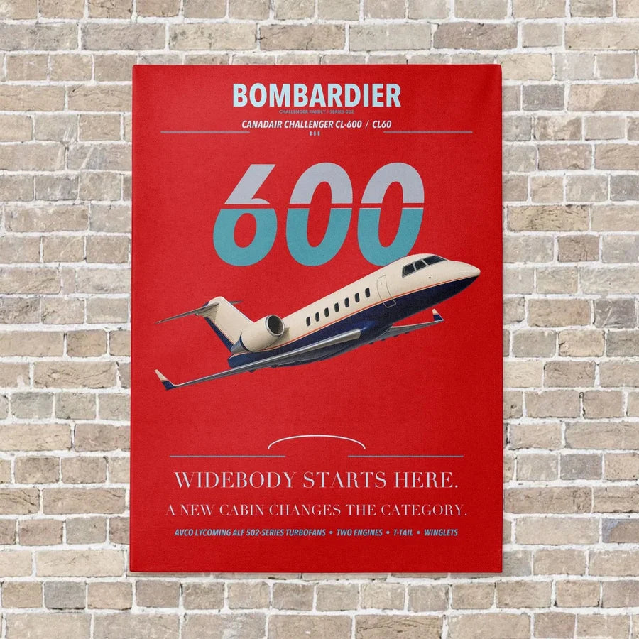 Bombardier Challenger 600 vertical canvas print - no frame - red background