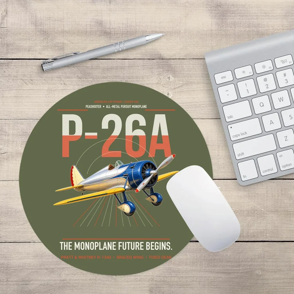 Boeing P-26A Peashooter design on green army round mouse pad