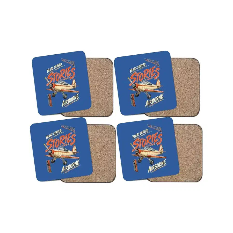 Years Served Stories Airborne design on blue 4 pieces set coaster