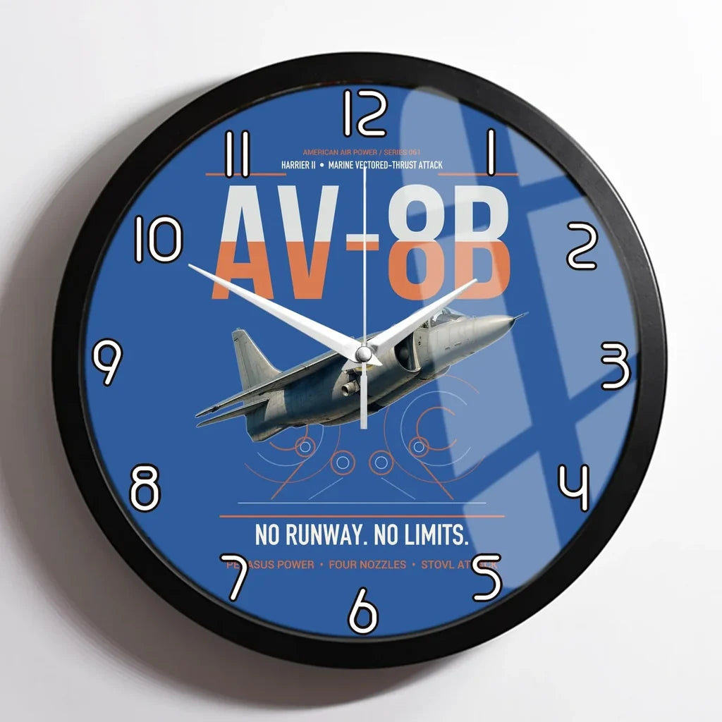 AV-8B Harrier II design on blue framed wall clock