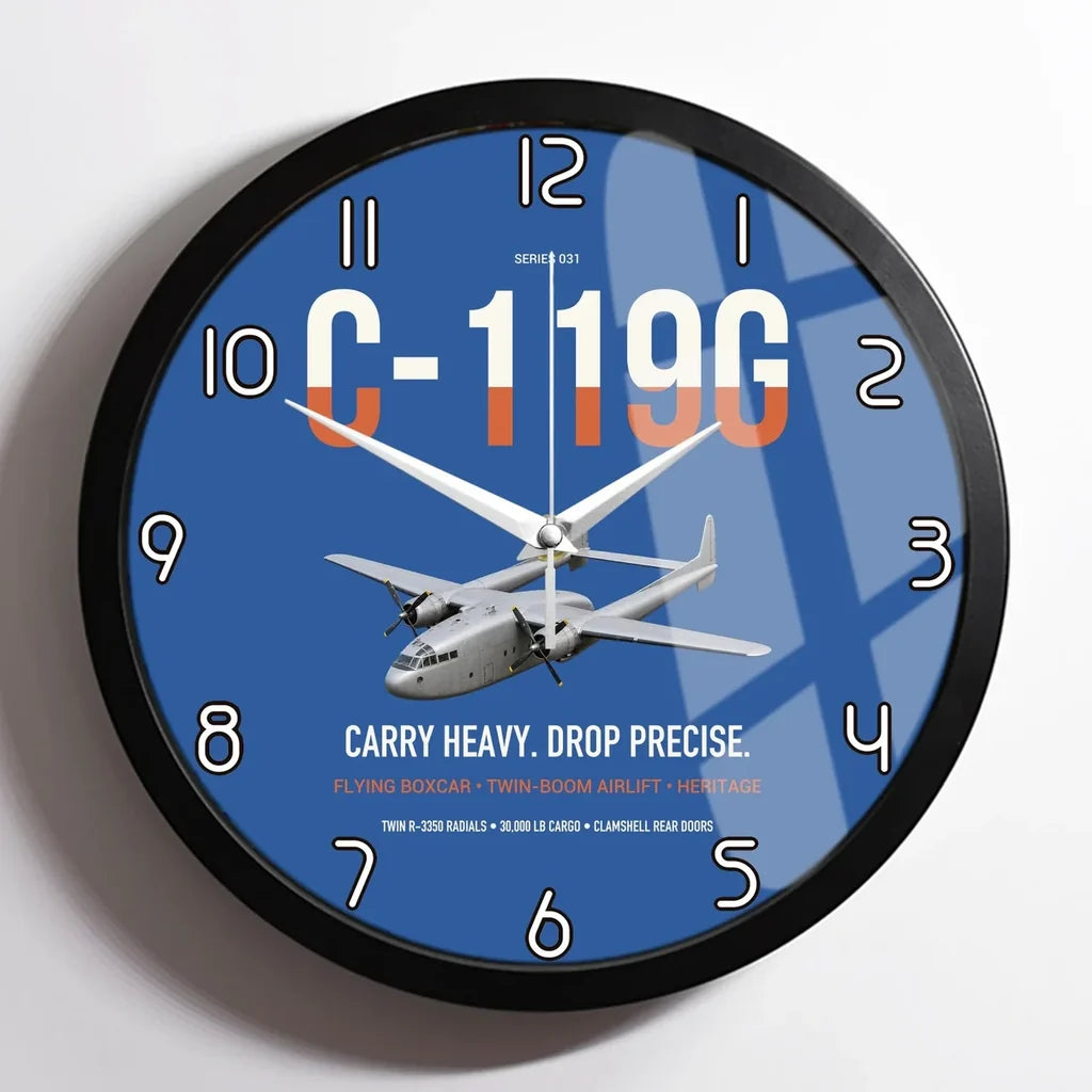 C-119G Flying Boxcar design on blue framed wall clock
