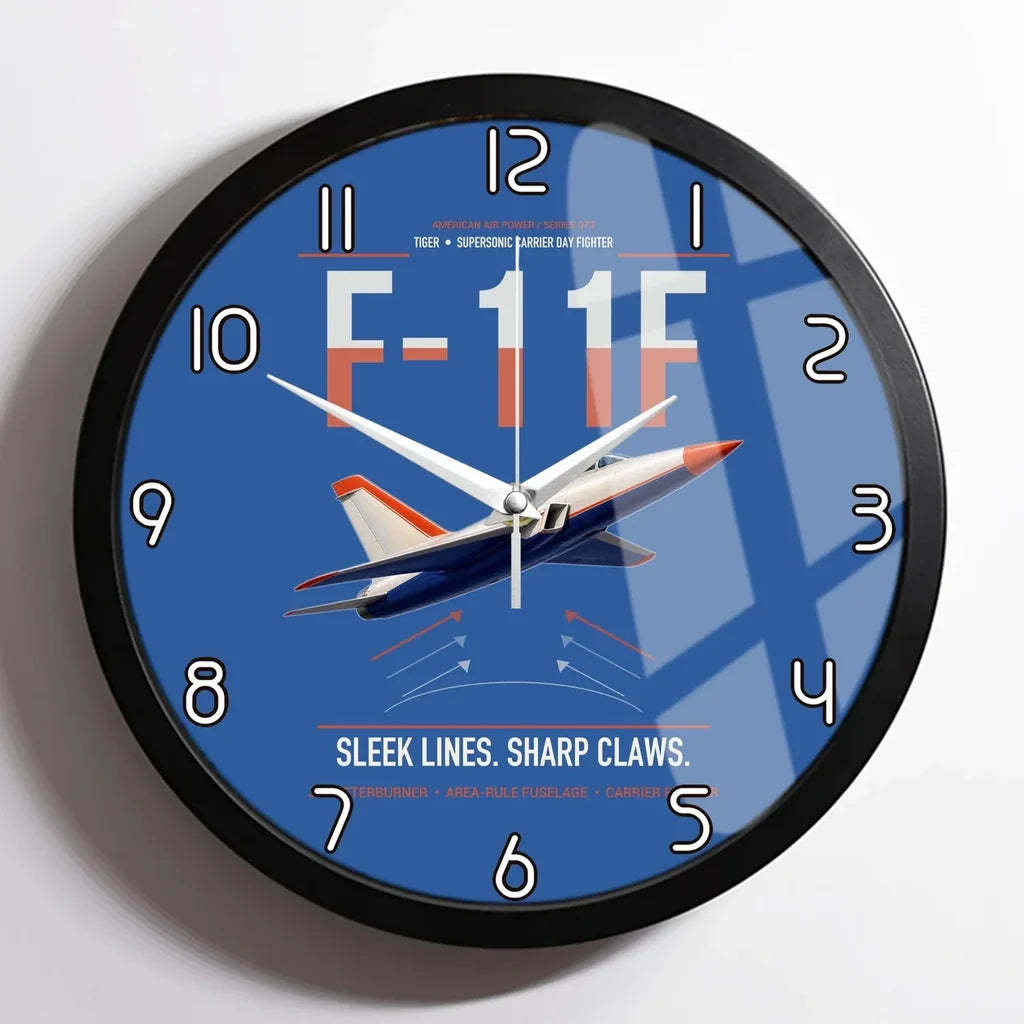 F-11F Tiger design on blue framed wall clock