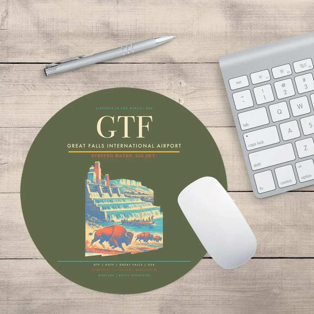 Great Falls International Airport (GTF) design on green army round mouse pad