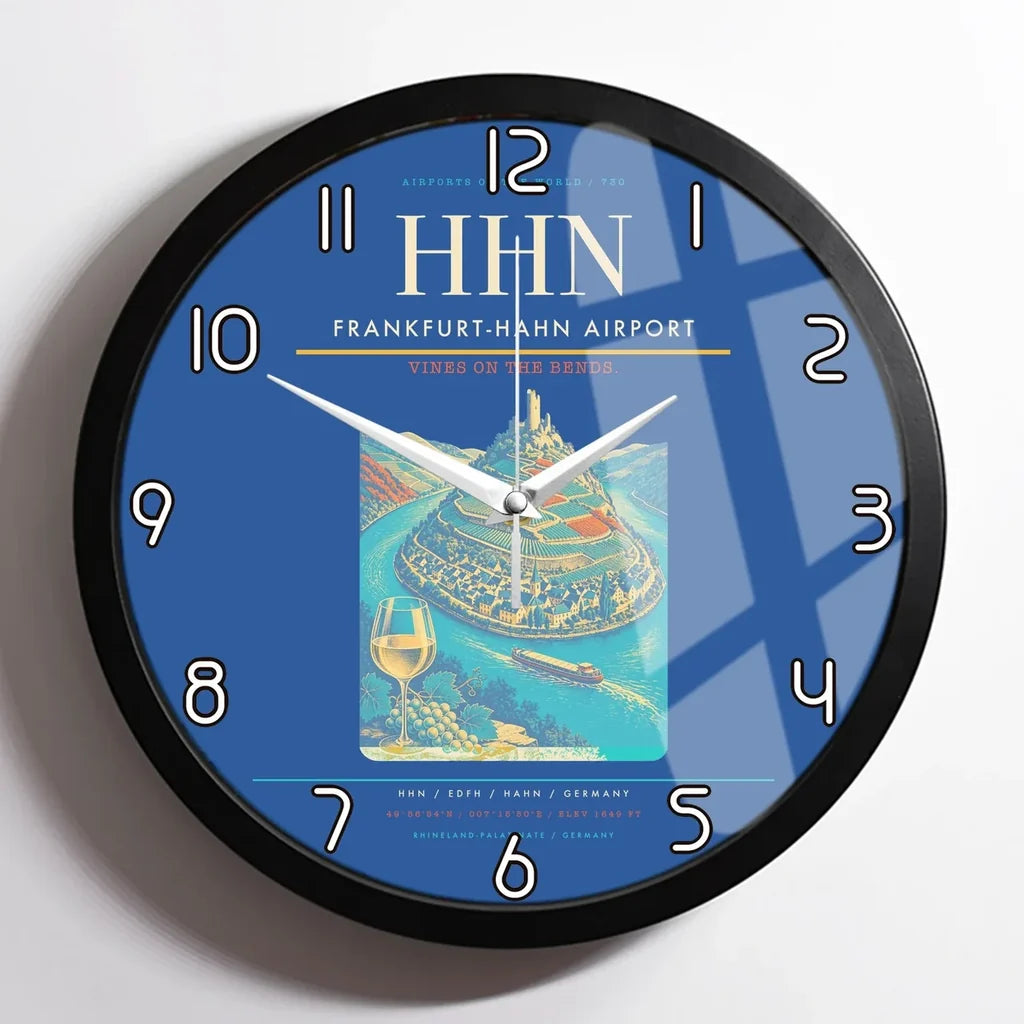 Frankfurt-Hahn Airport (HHN) design on blue framed wall clock