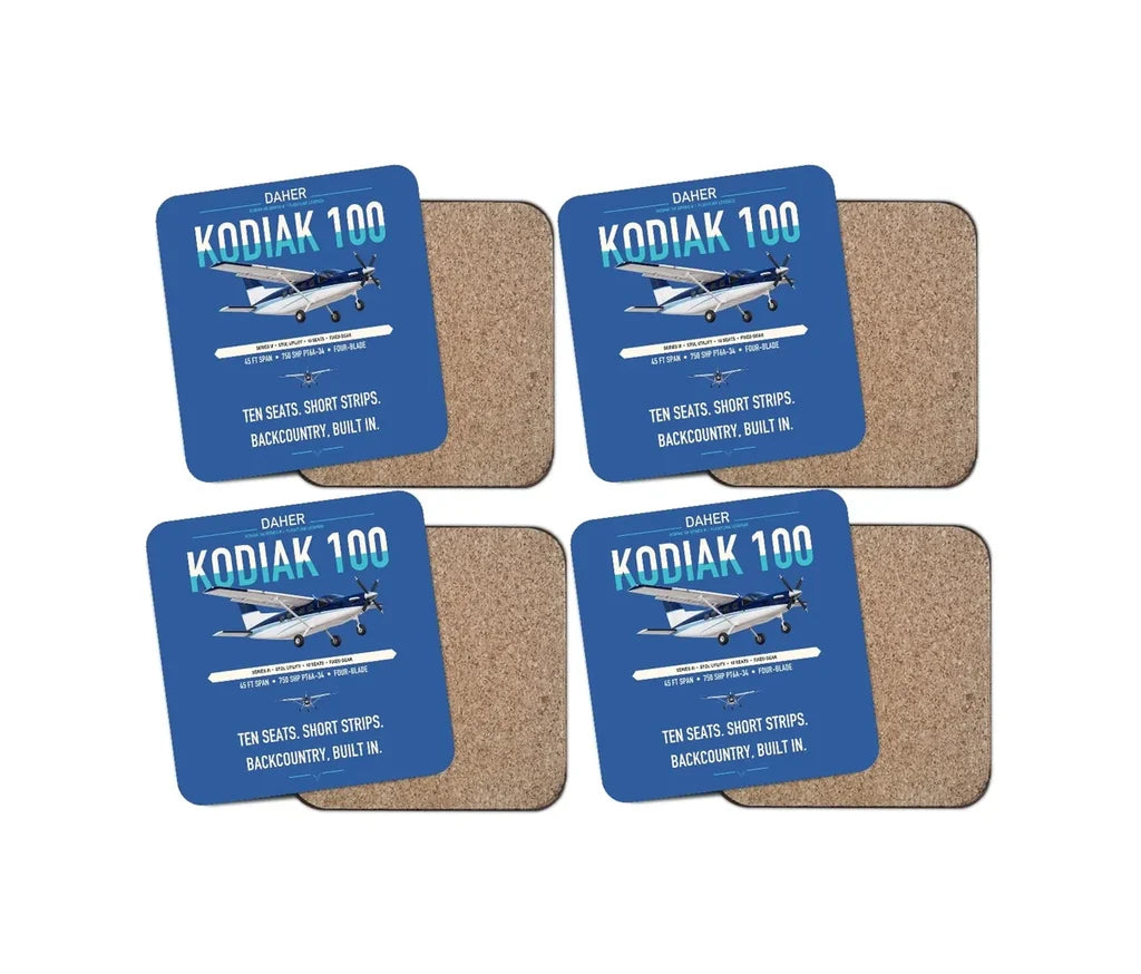Daher Kodiak 100 Series III design on blue 4 pieces set coaster