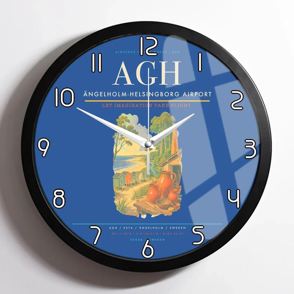 Ängelholm-Helsingborg Airport (AGH) design on blue framed wall clock