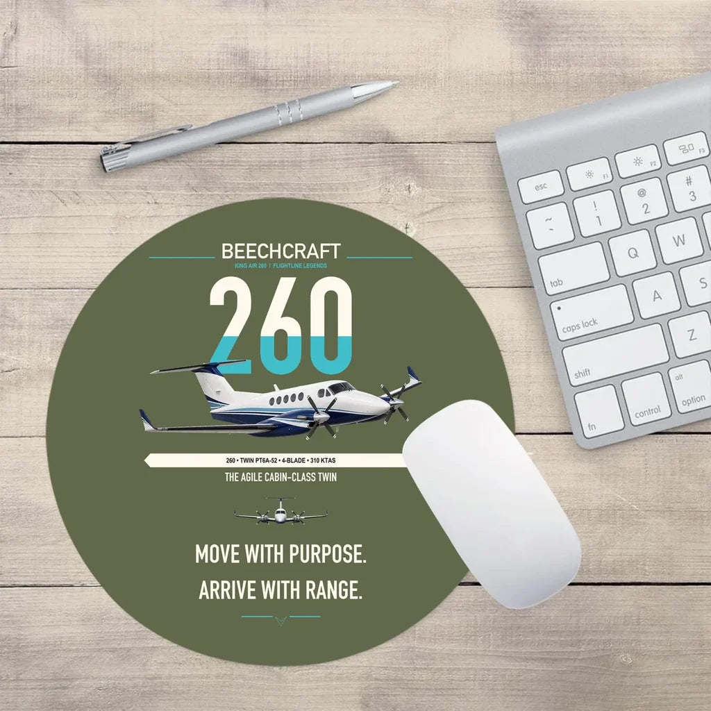 Beechcraft King Air 260 design on green army round mouse pad