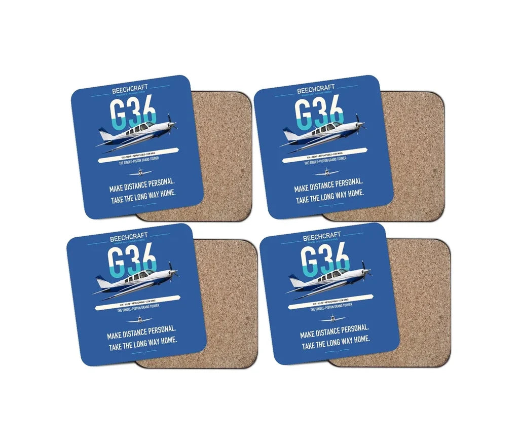 Beechcraft Bonanza G36 design on blue 4 pieces set coaster