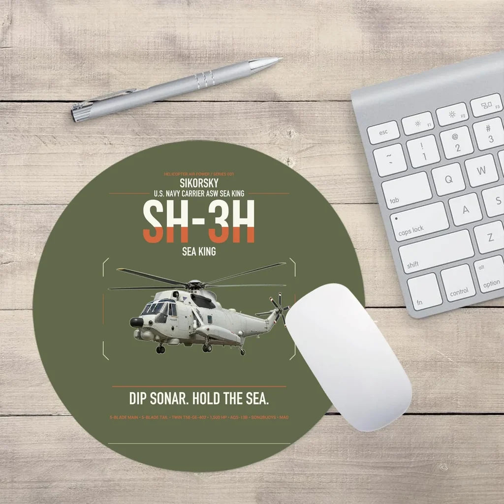 Sikorsky SH-3H Sea King design on green army round mouse pad