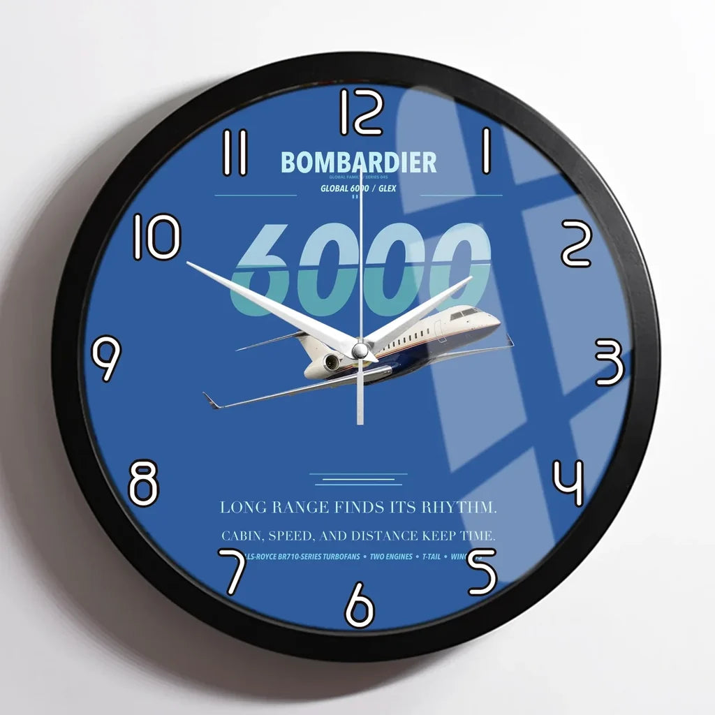 Bombardier Global 6000 design on blue framed wall clock