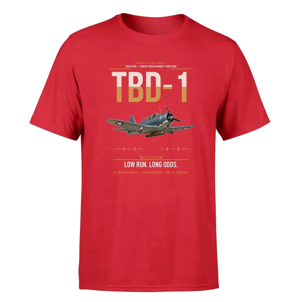 TBD-1 Devastator design on red double-side t-shirt, single-side print
