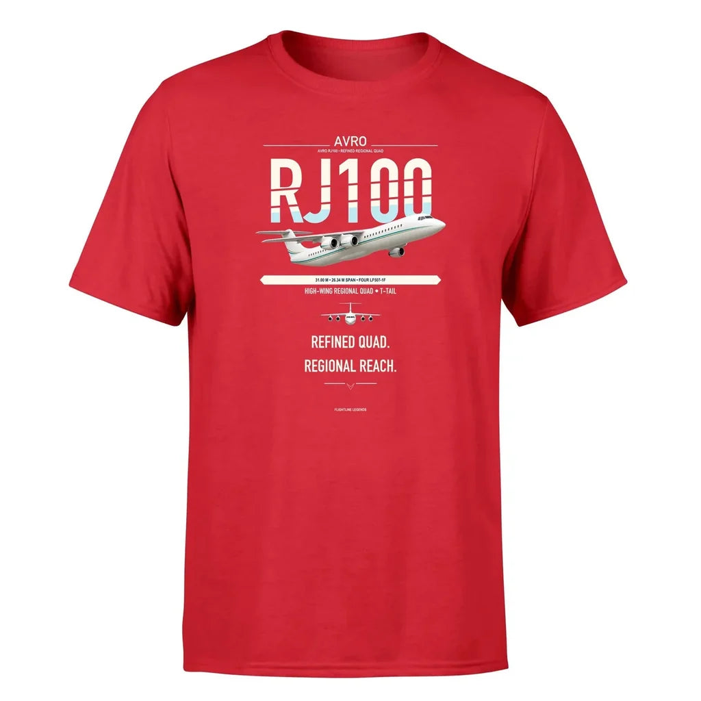 Avro RJ100 design on red double-side t-shirt, single-side print
