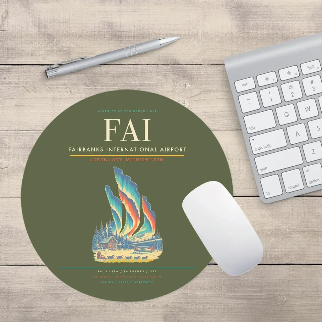Fairbanks International Airport (FAI) design on green army round mouse pad