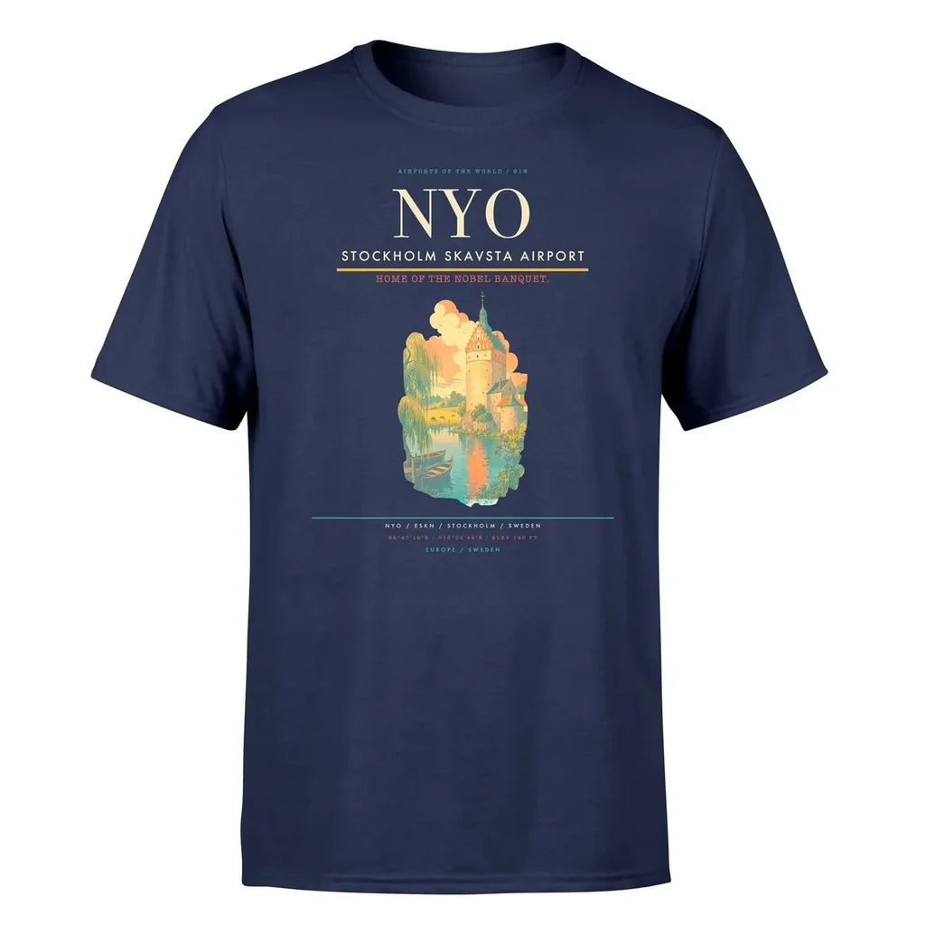 Stockholm Skavsta Airport (NYO) T-Shirt single-side front print in Navy Blue | stockholm-skavsta-airport-nyo-double-side-t-shirt
