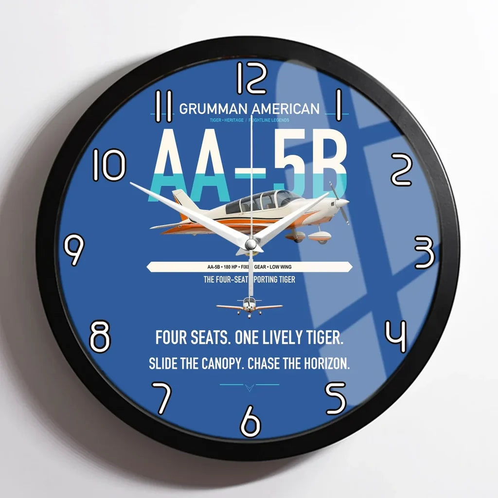Grumman American AA-5B Tiger design on blue framed wall clock