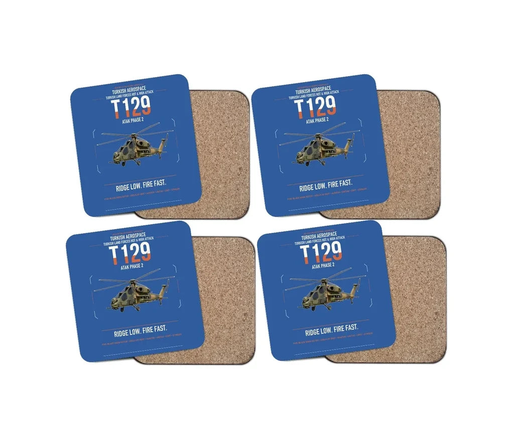 Turkish Aerospace T129 ATAK Phase 2 design on blue 4 pieces set coaster
