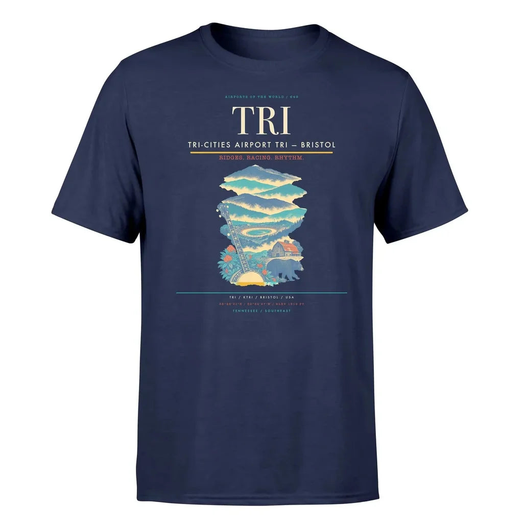 Tri-Cities Airport (TRI) T-Shirt single-side front print in Navy Blue | tri-cities-airport-tri-double-side-t-shirt