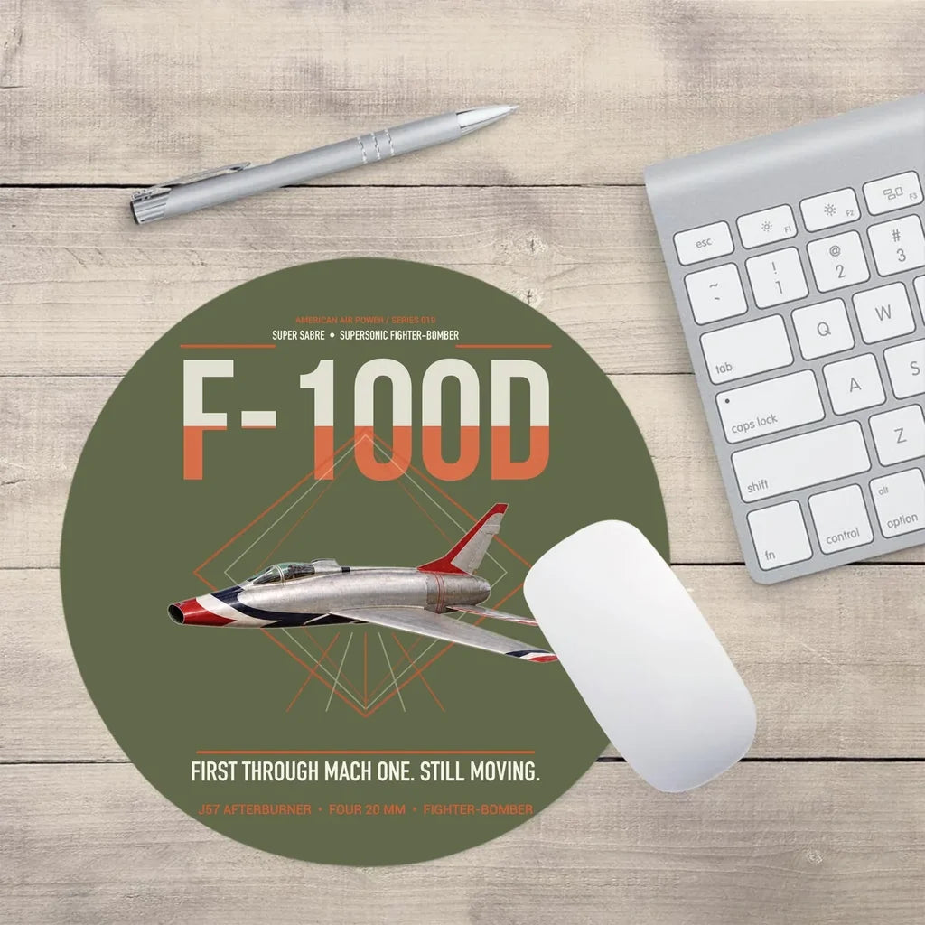 F-100D Super Sabre design on green army round mouse pad