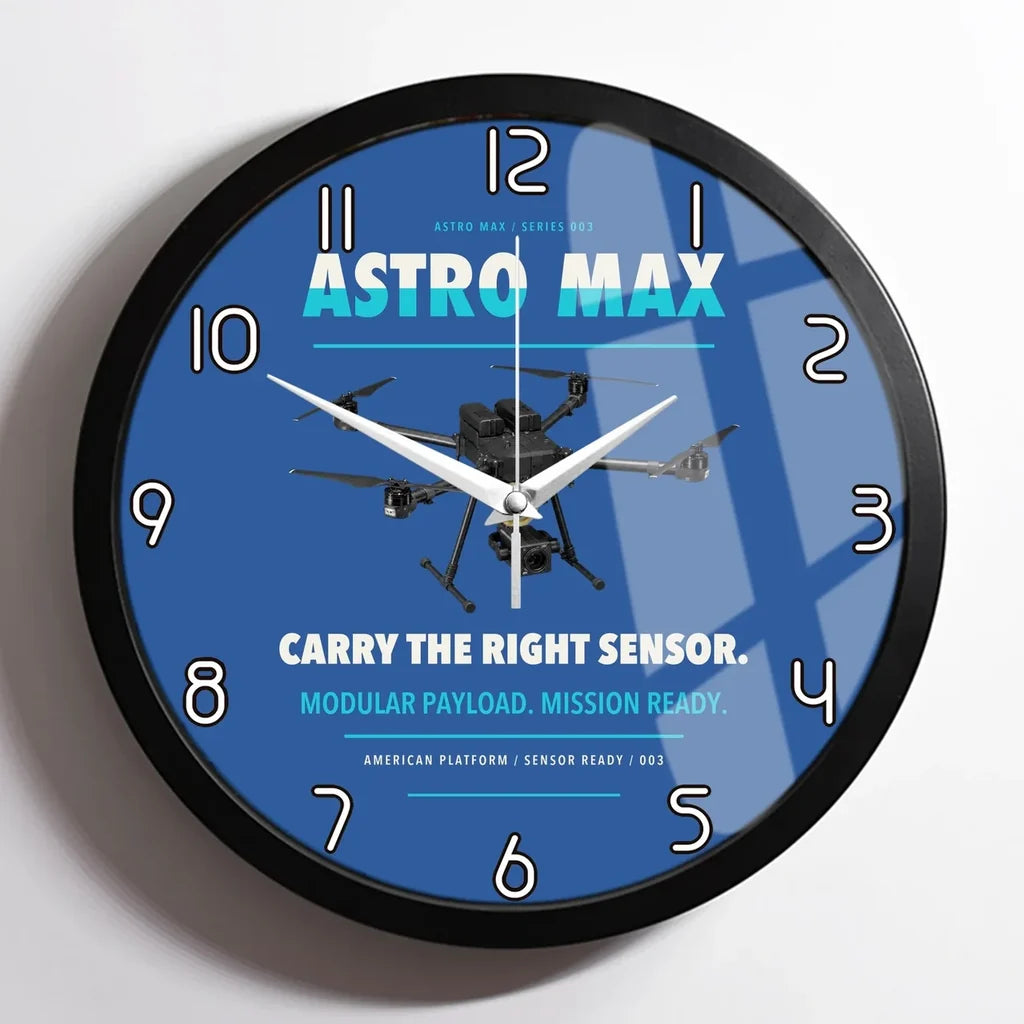 Freefly Astro Max design on blue framed wall clock
