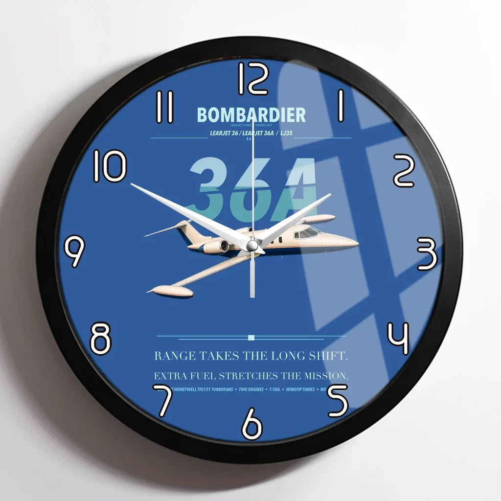 Bombardier Learjet 36A design on blue framed wall clock