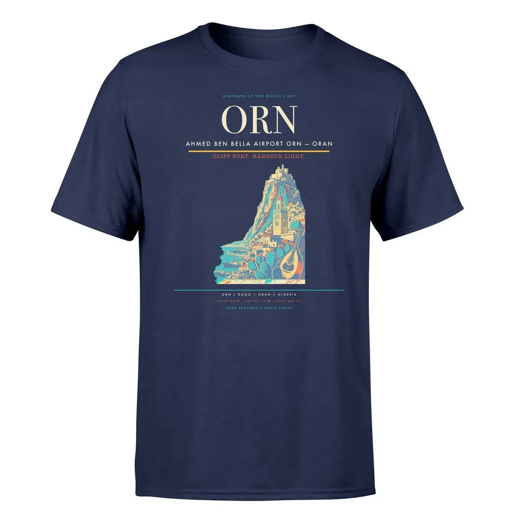 Ahmed Ben Bella Airport (ORN) T-Shirt single-side front print in Navy Blue | ahmed-ben-bella-airport-orn-double-side-t-shirt