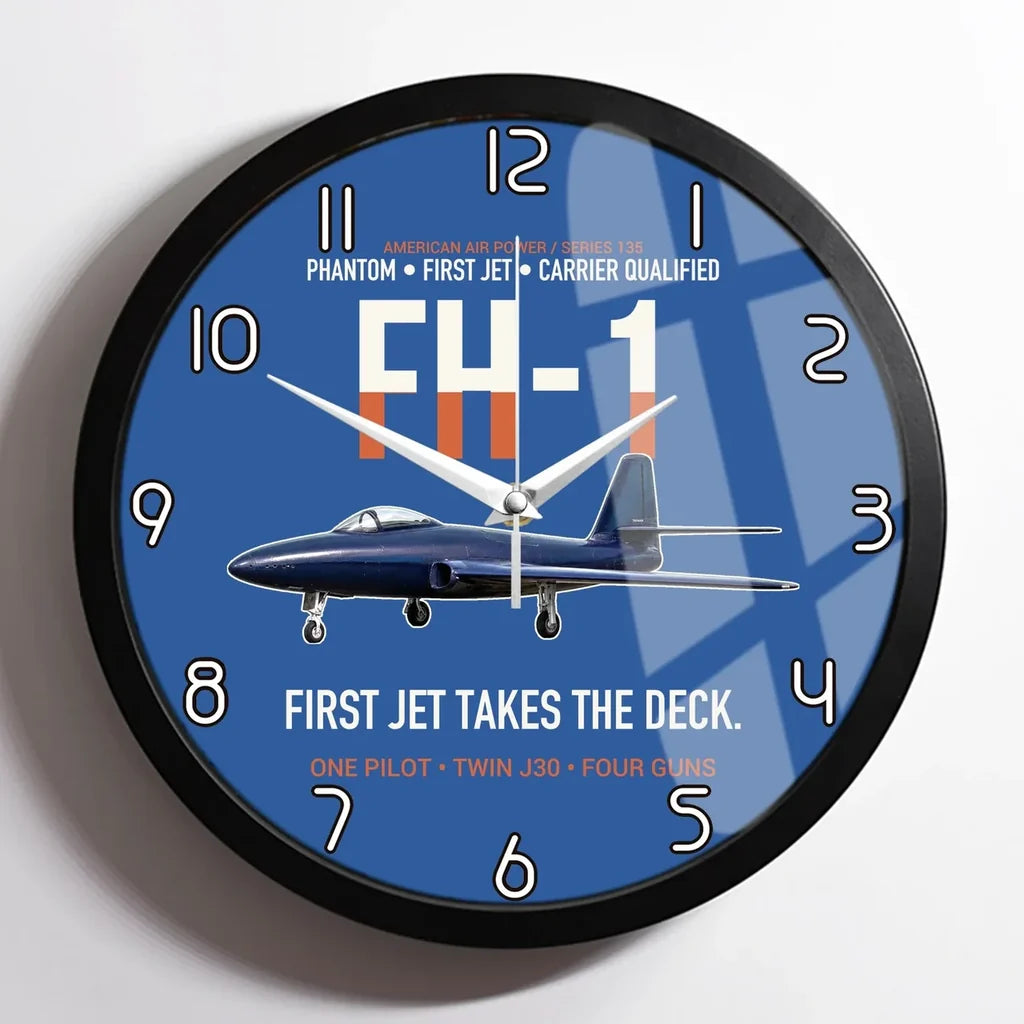 FH-1 Phantom First Jet Takes the Deck design on blue framed wall clock