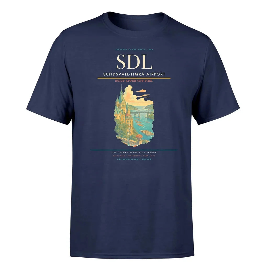 Sundsvall-Timrå Airport (SDL) T-Shirt single-side front print in Navy Blue | sundsvall-timrå-airport-sdl-double-side-t-shirt