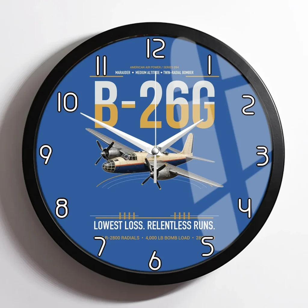 B-26G Marauder design on blue framed wall clock