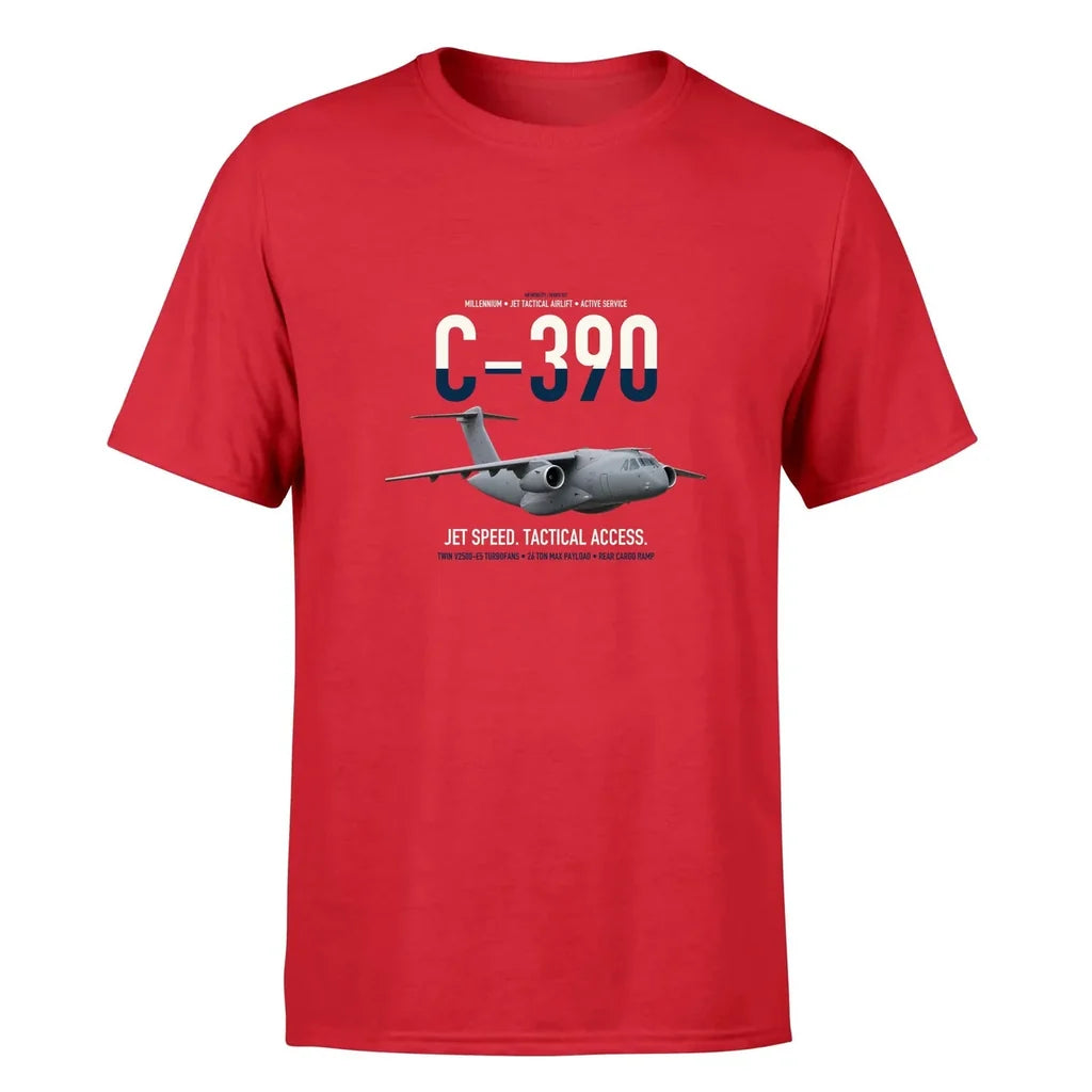 C-390 Millennium design on red double-side t-shirt, single-side print